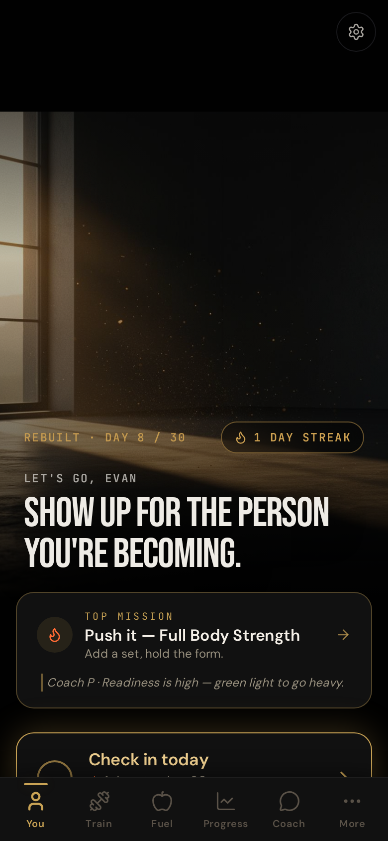REBUILT Today screen — daily mission and streak